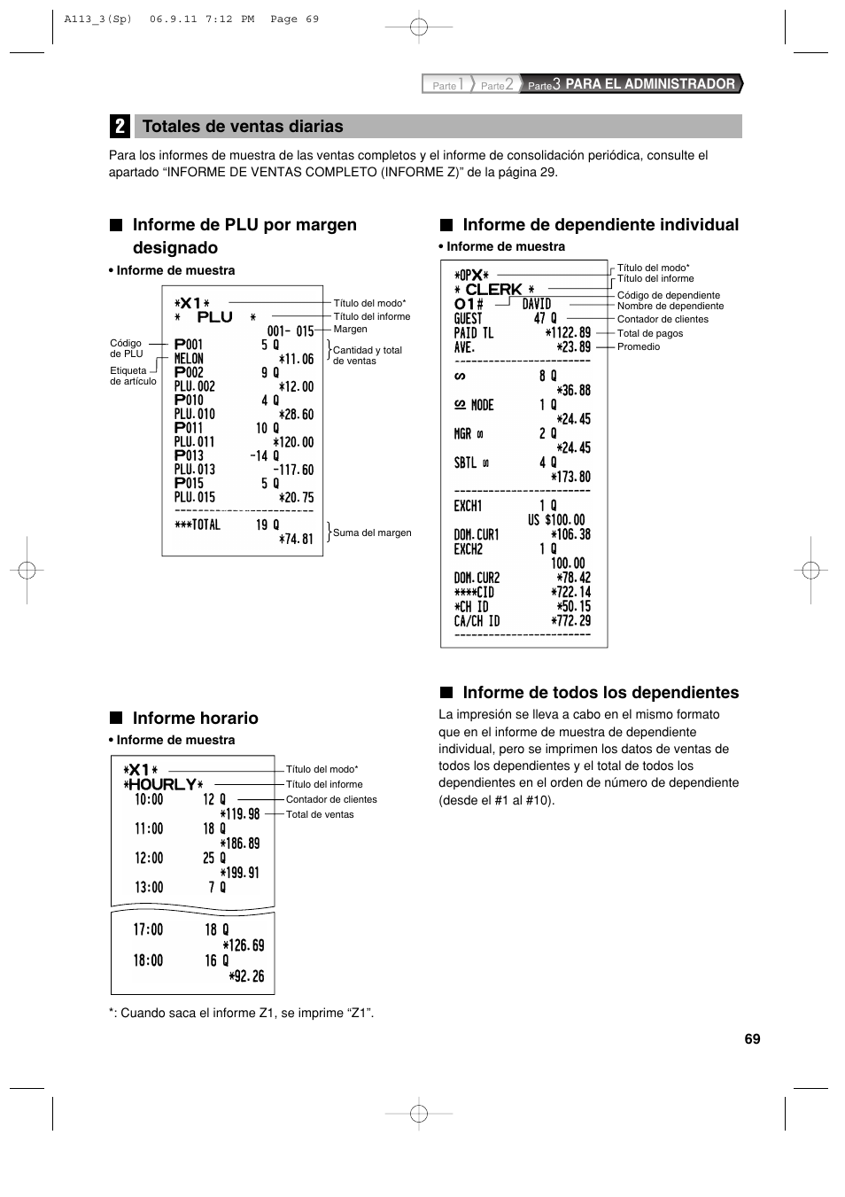 Informe de plu por margen designado, Informe horario, Informe de dependiente individual | Informe de todos los dependientes, Totales de ventas diarias | Sharp XE-A113 User Manual | Page 311 / 404