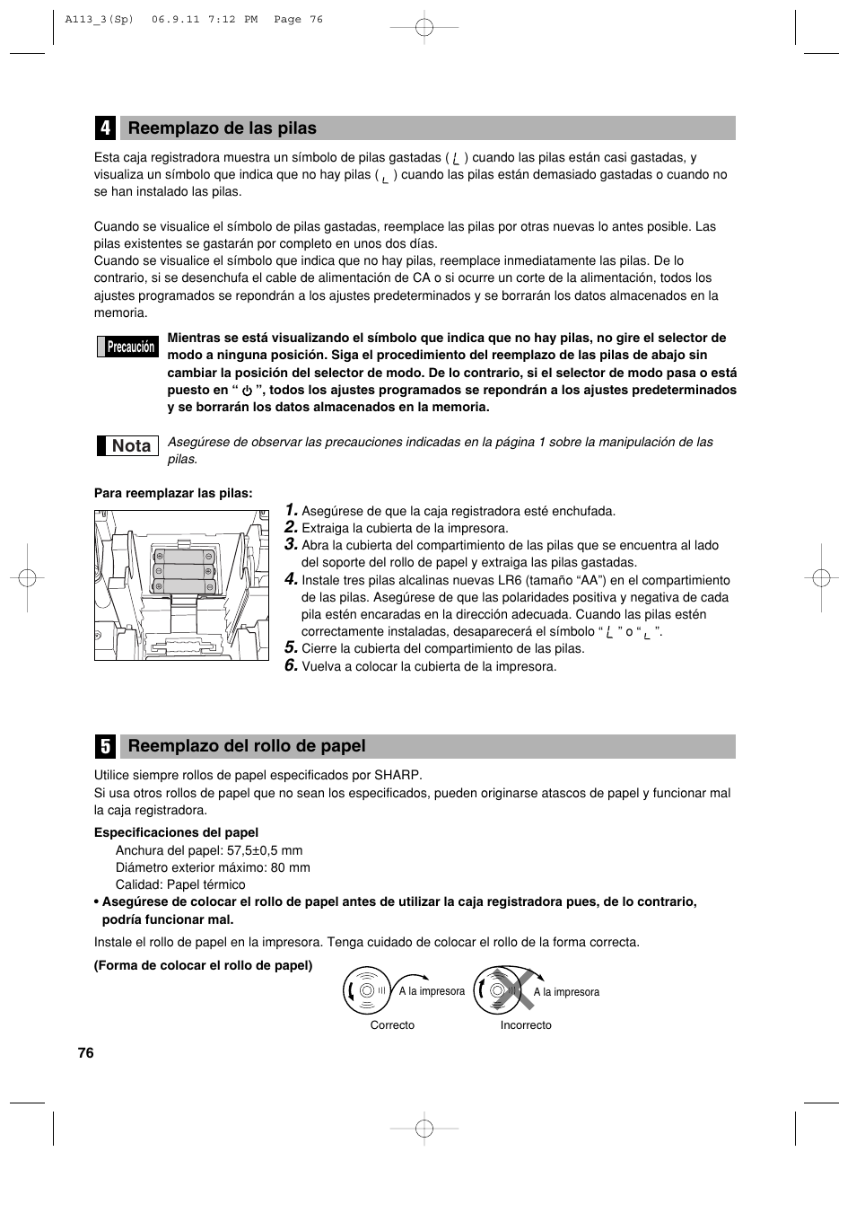 Reemplazo del rollo de papel, Nota, Reemplazo de las pilas | Sharp XE-A113 User Manual | Page 318 / 404