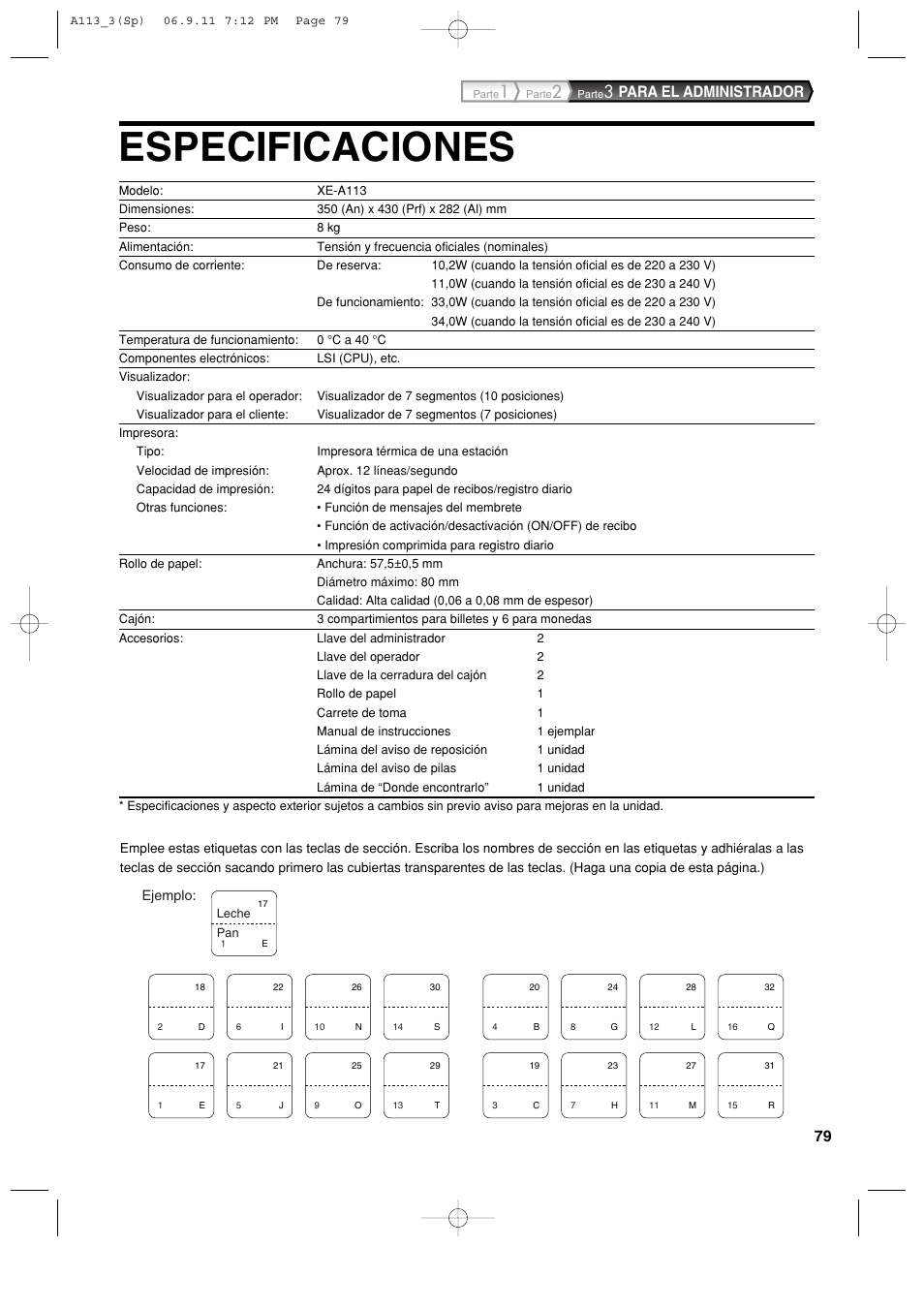 Especificaciones, Para el administrador | Sharp XE-A113 User Manual | Page 321 / 404