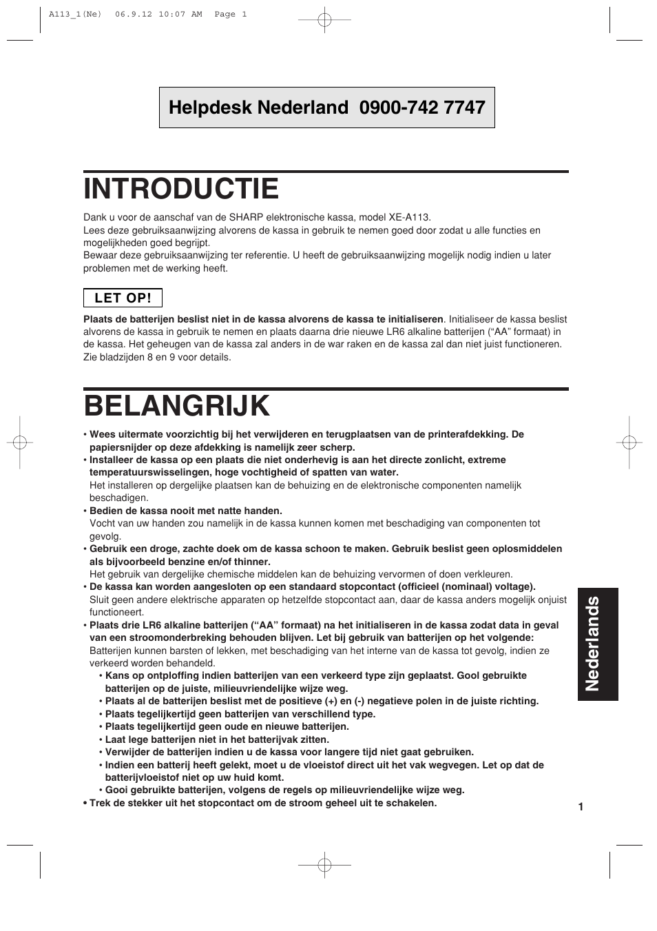 Introductie, Belangrijk, Nederlands | Sharp XE-A113 User Manual | Page 323 / 404