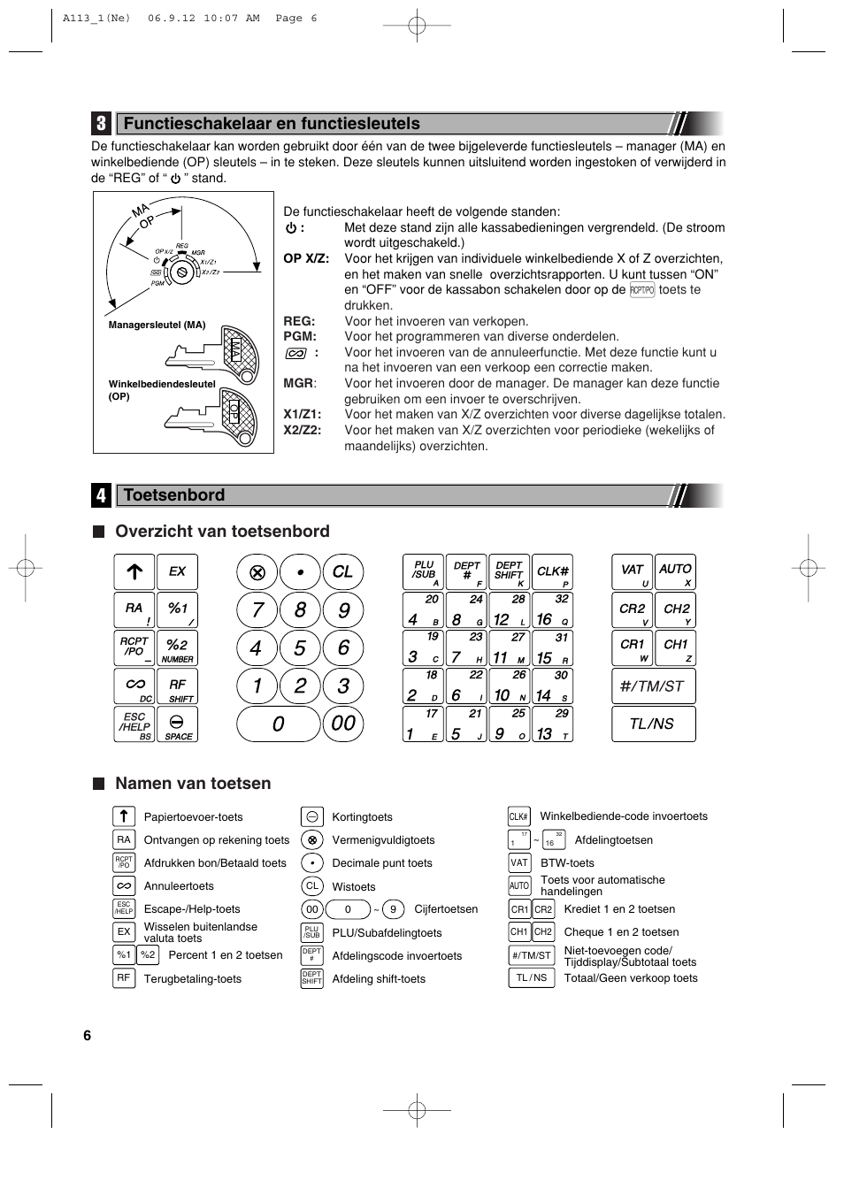 Overzicht van toetsenbord namen van toetsen, Functieschakelaar en functiesleutels, Toetsenbord | Sharp XE-A113 User Manual | Page 328 / 404