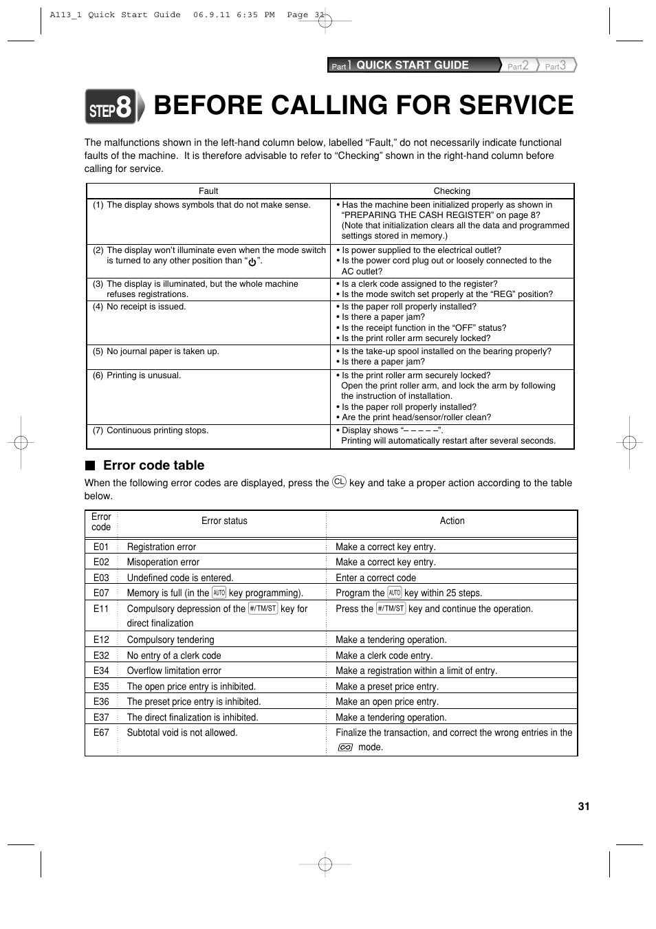 Before calling for service, Step, Error code table | Sharp XE-A113 User Manual | Page 33 / 404