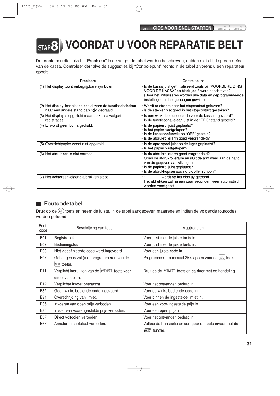 Voordat u voor reparatie belt, Stap, Foutcodetabel | Sharp XE-A113 User Manual | Page 353 / 404