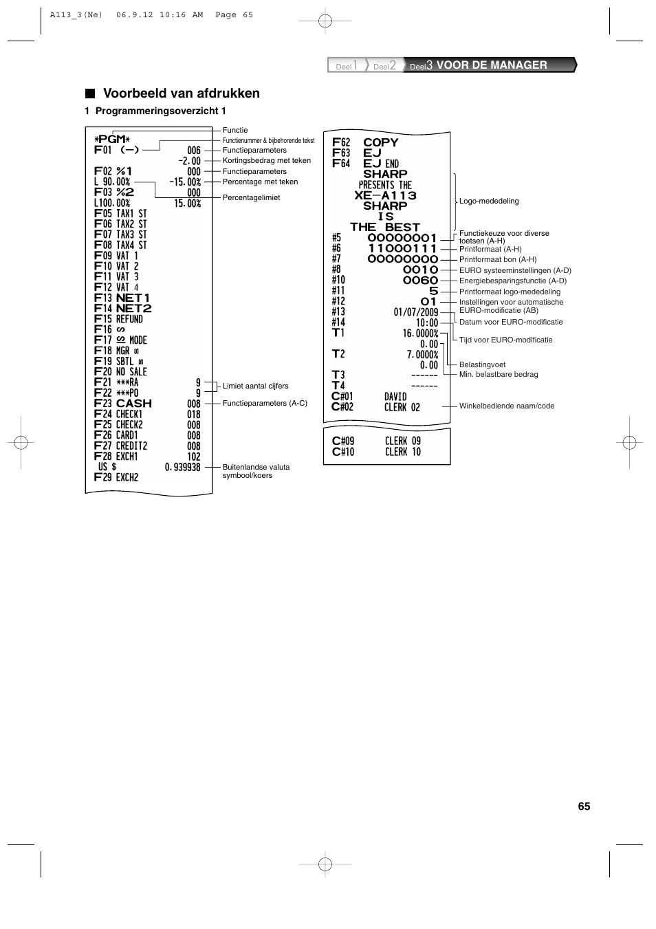 Voorbeeld van afdrukken, Voor de manager | Sharp XE-A113 User Manual | Page 387 / 404