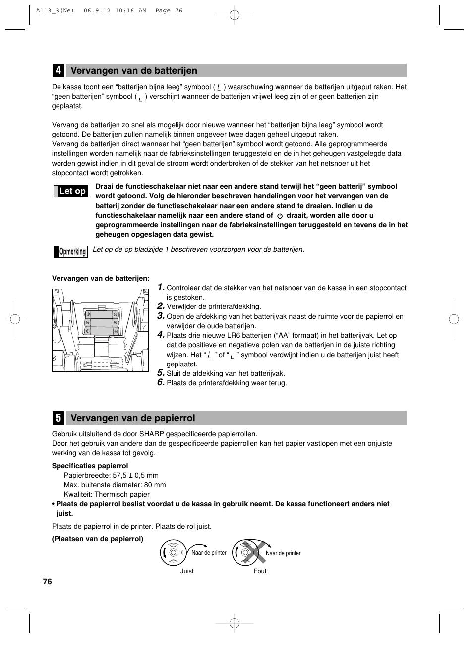 Vervangen van de papierrol, Vervangen van de batterijen | Sharp XE-A113 User Manual | Page 398 / 404