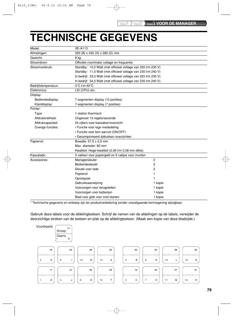 Technische gegevens, Voor de manager | Sharp XE-A113 User Manual | Page 401 / 404