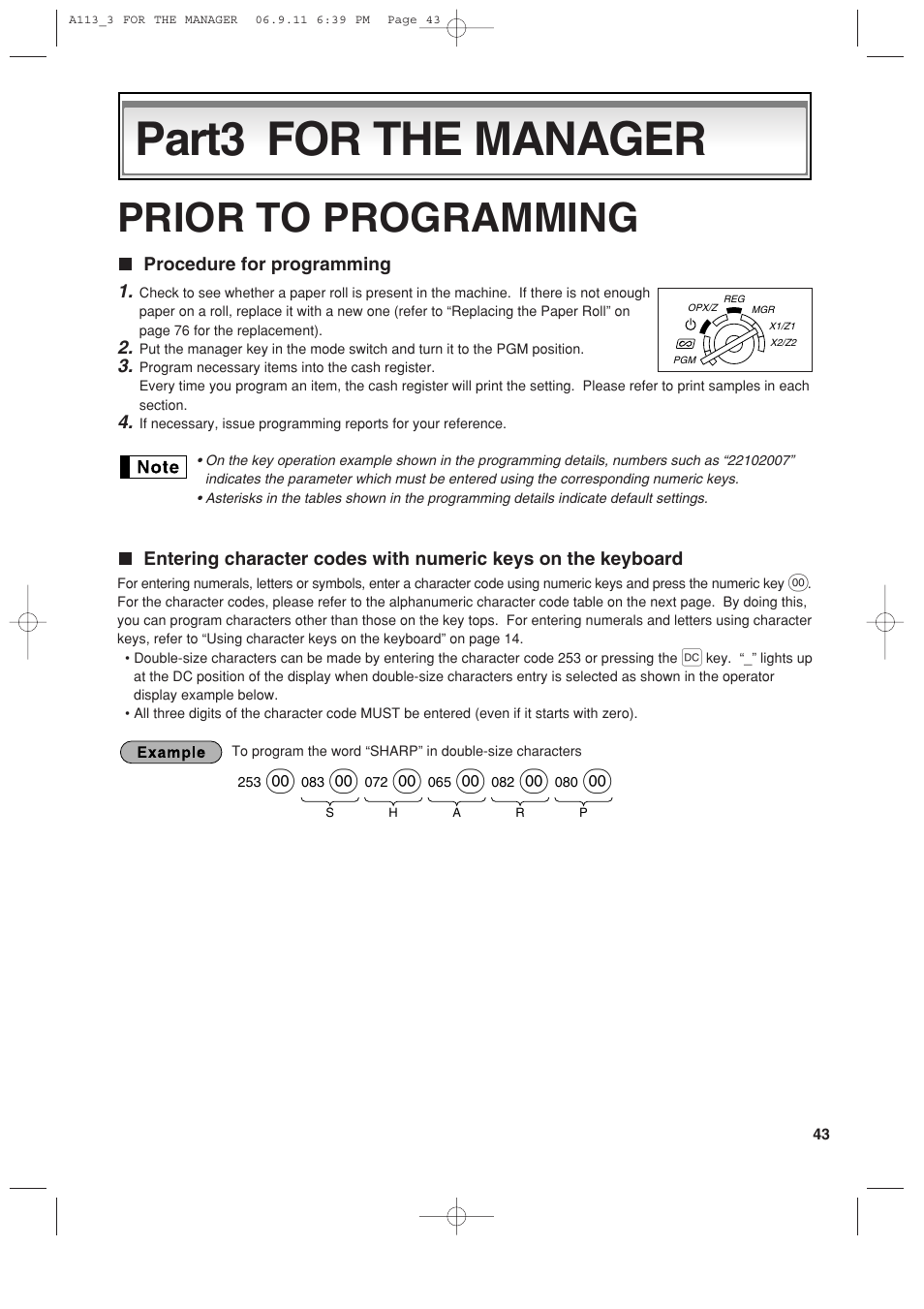 Part3 for the manager, Prior to programming | Sharp XE-A113 User Manual | Page 45 / 404