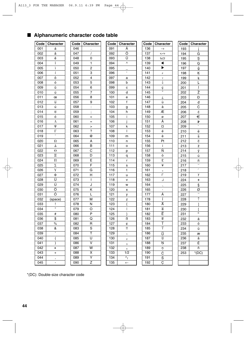 Alphanumeric character code table | Sharp XE-A113 User Manual | Page 46 / 404