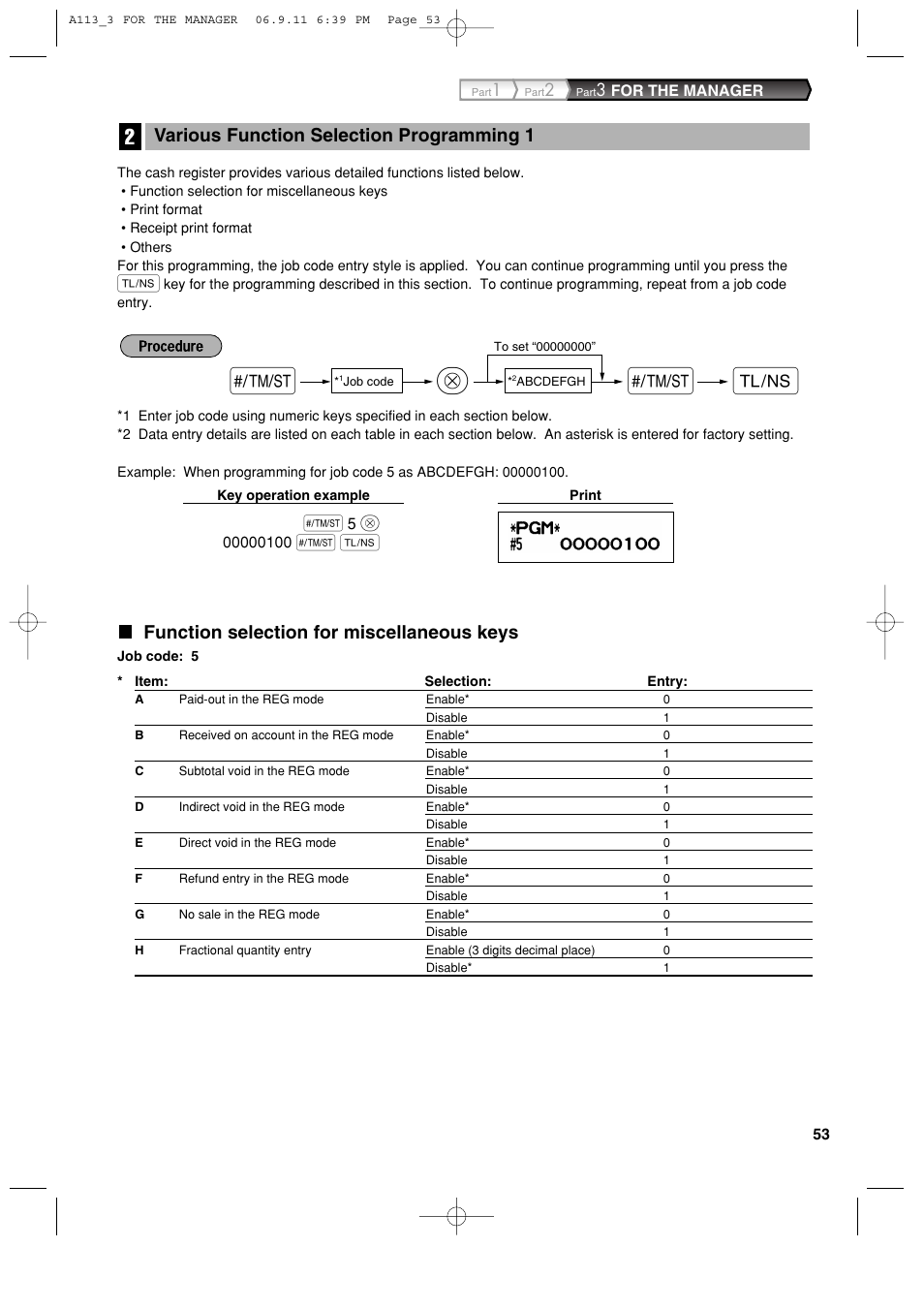 Function selection for miscellaneous keys, Various function selection programming 1 | Sharp XE-A113 User Manual | Page 55 / 404