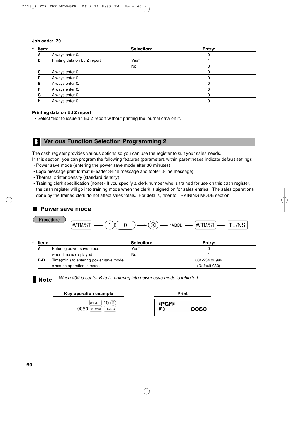 Power save mode, Various function selection programming 2 | Sharp XE-A113 User Manual | Page 62 / 404