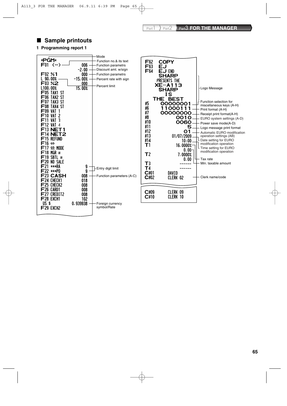 Sample printouts, For the manager | Sharp XE-A113 User Manual | Page 67 / 404