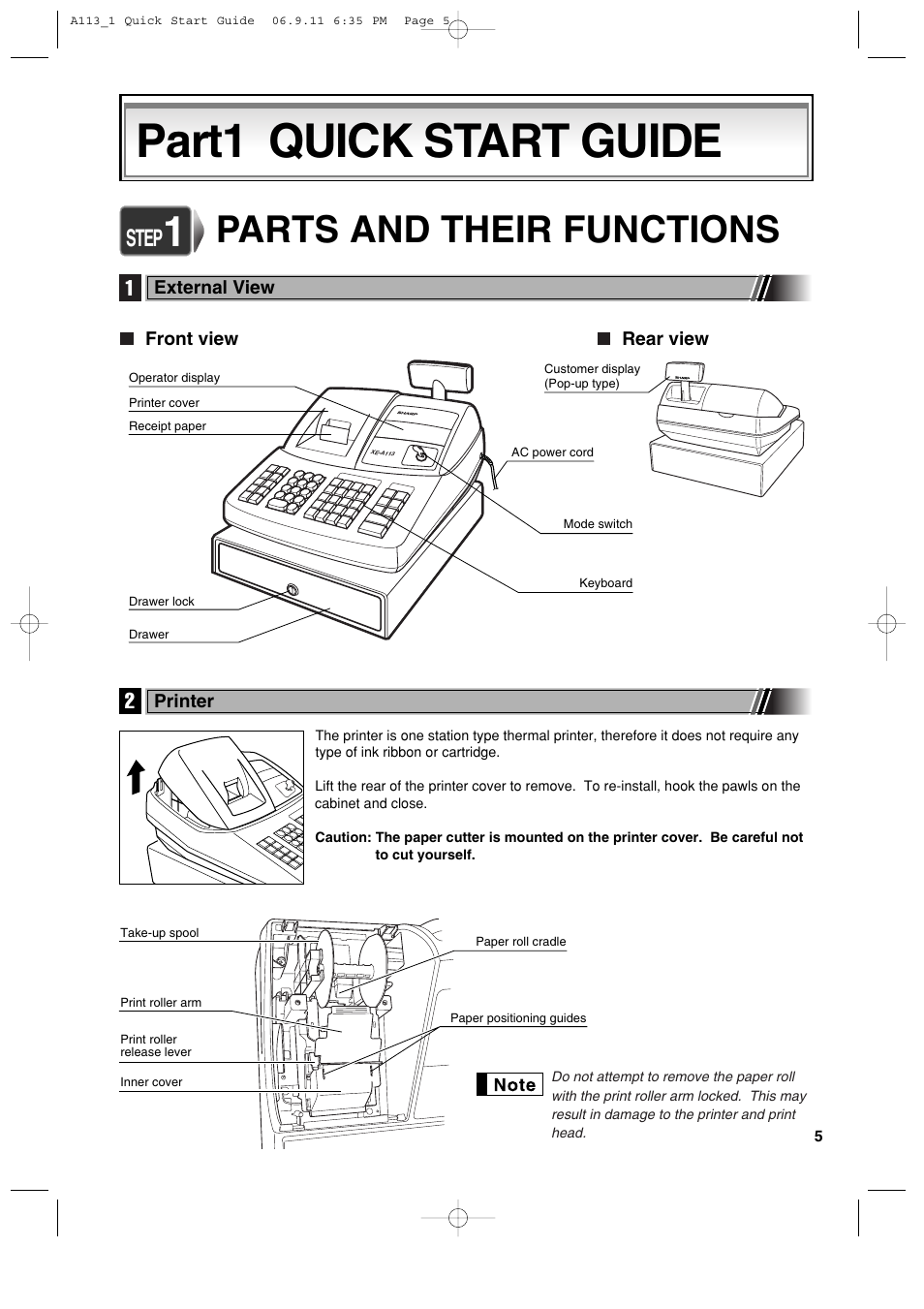 Part1 quick start guide, Parts and their functions, Step | Sharp XE-A113 User Manual | Page 7 / 404