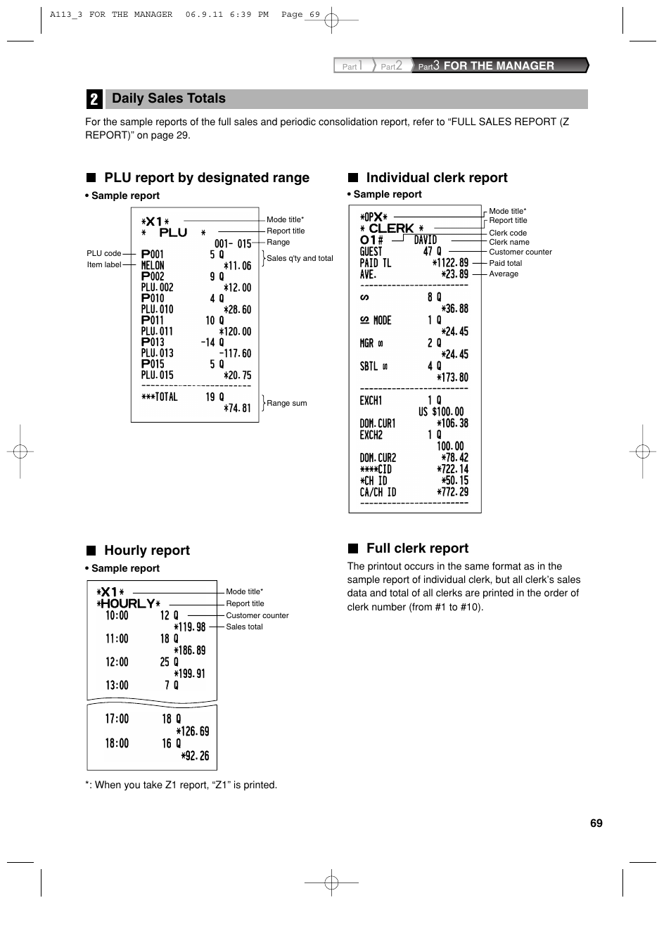 Plu report by designated range, Hourly report, Individual clerk report | Full clerk report, Daily sales totals | Sharp XE-A113 User Manual | Page 71 / 404