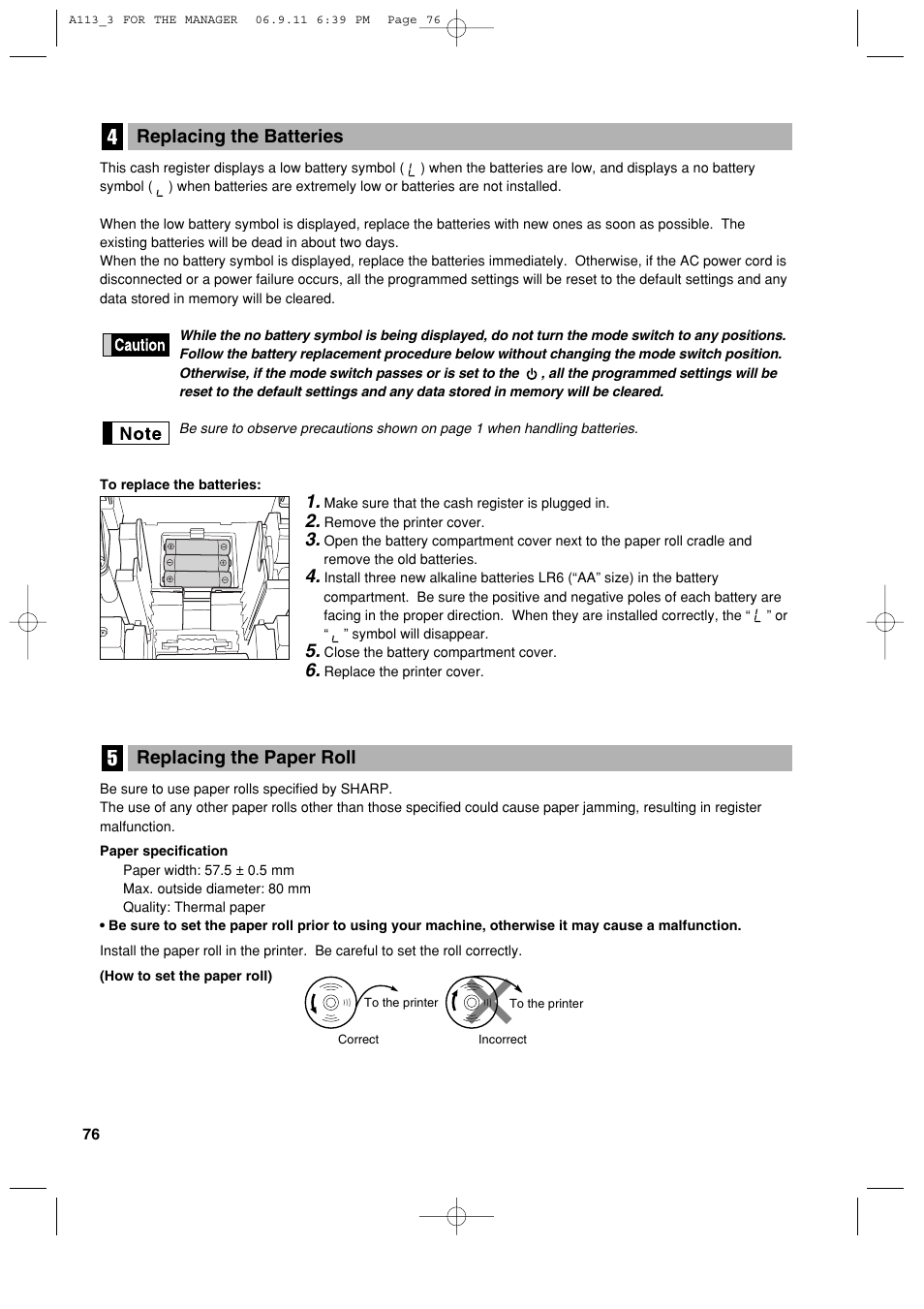 Replacing the paper roll, Replacing the batteries | Sharp XE-A113 User Manual | Page 78 / 404