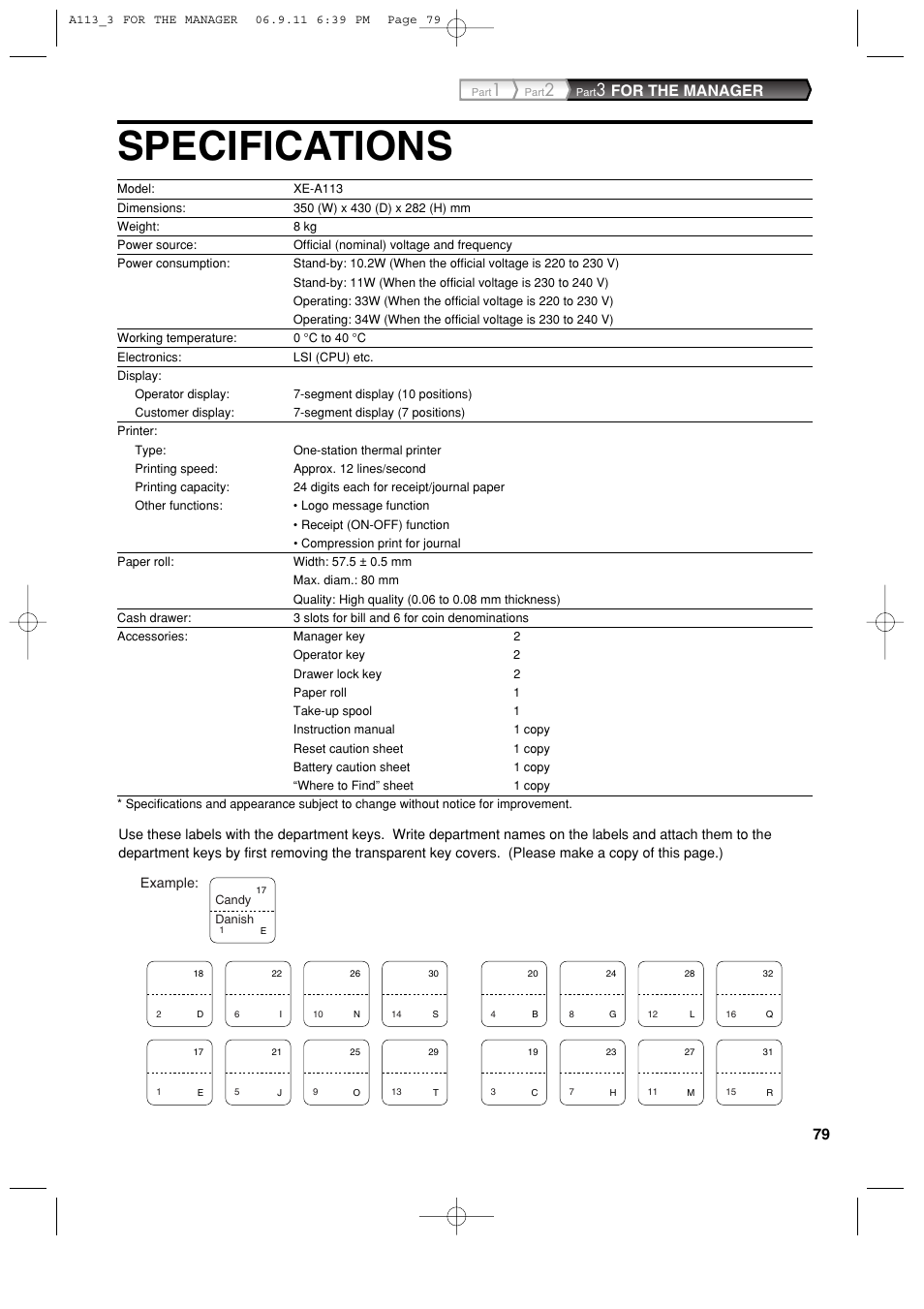Specifications, For the manager | Sharp XE-A113 User Manual | Page 81 / 404