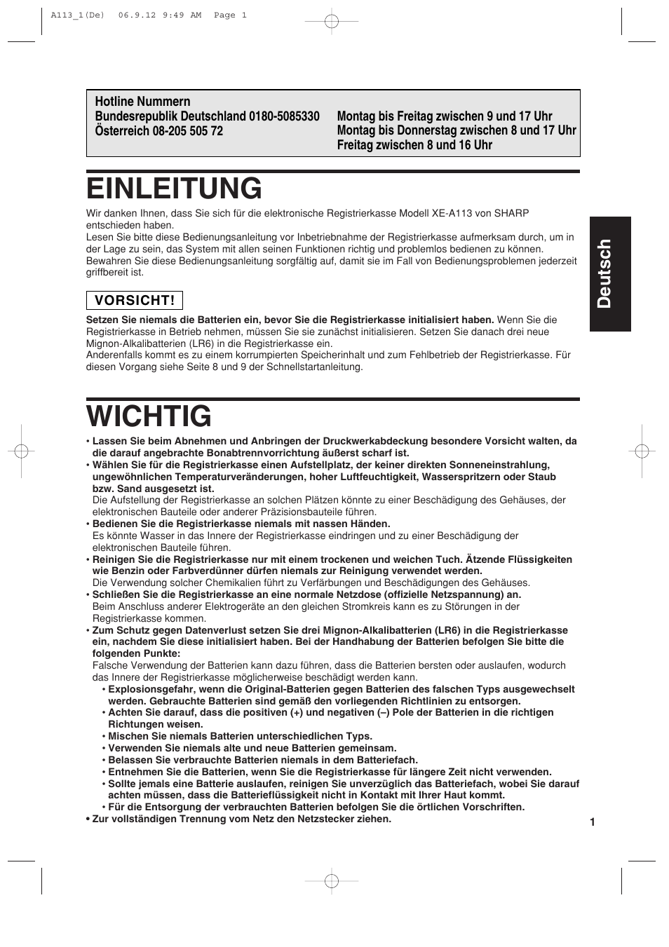 Einleitung, Wichtig, Deutsch | Sharp XE-A113 User Manual | Page 83 / 404