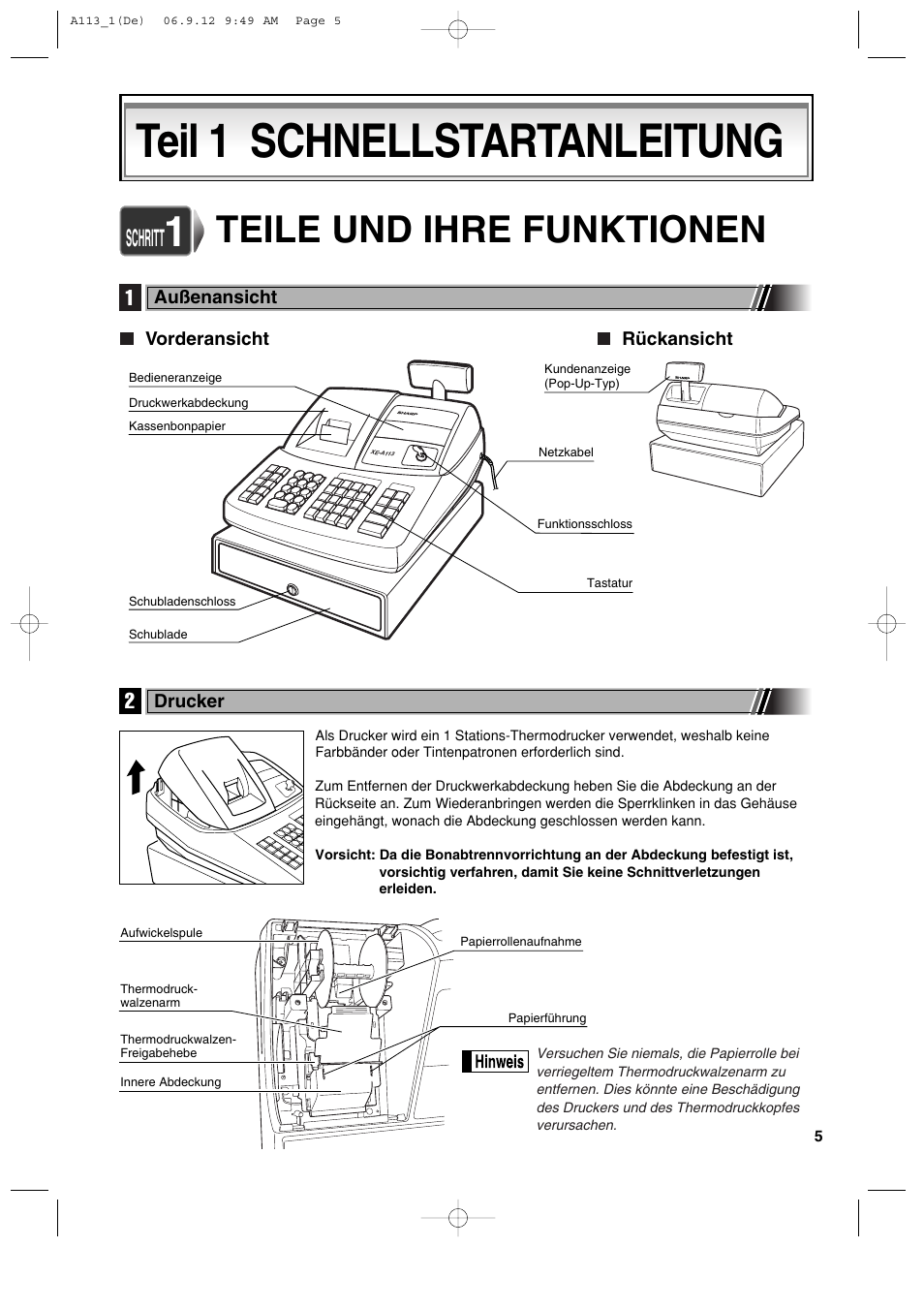 Teil 1 schnellstartanleitung, Teile und ihre funktionen, Schritt | Sharp XE-A113 User Manual | Page 87 / 404