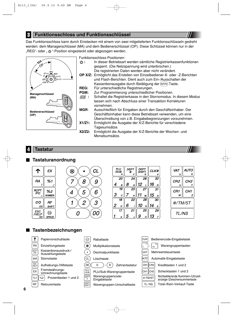 Tastaturanordnung tastenbezeichnungen, Funktionsschloss und funktionsschlüssel, Tastatur | Sharp XE-A113 User Manual | Page 88 / 404