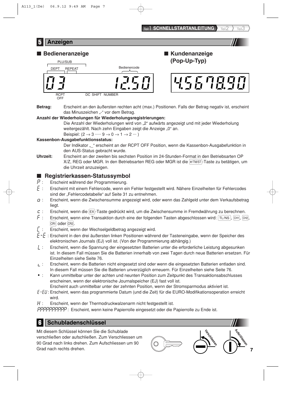 Bedieneranzeige kundenanzeige (pop-up-typ), Registrierkassen-statussymbol, Anzeigen | Schubladenschlüssel | Sharp XE-A113 User Manual | Page 89 / 404