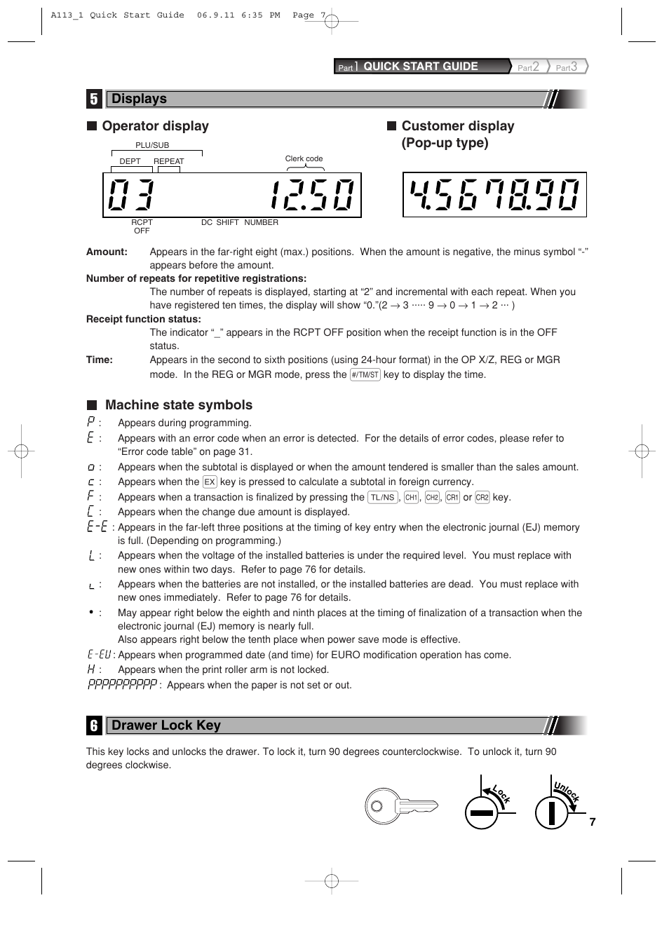Operator display customer display (pop-up type), Machine state symbols, Displays | Drawer lock key | Sharp XE-A113 User Manual | Page 9 / 404