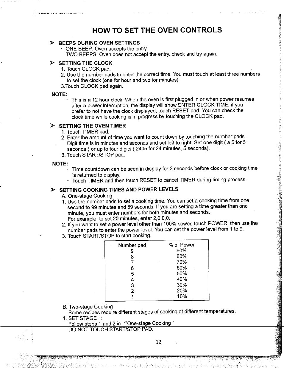 Beeps during oven settings, Setting the clock, Note | Setting the oven timer, Setting cooking times and power levels, Do not touch start/stop pad, How to set the oven controls | Avanti NOT FOUN MO649TW User Manual | Page 13 / 21