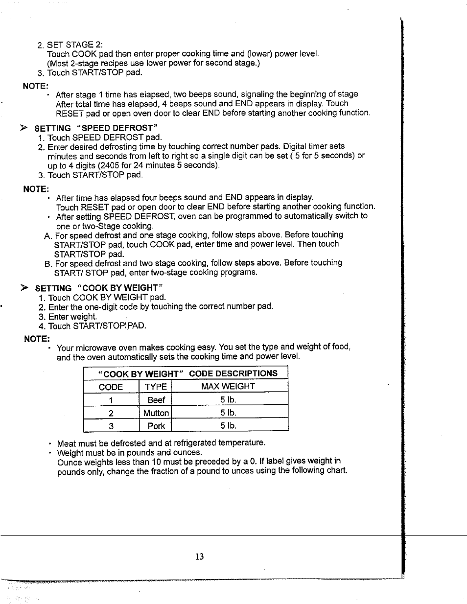 Note, Setting ^‘speed defrost, Setting "cook by weight | Avanti NOT FOUN MO649TW User Manual | Page 14 / 21