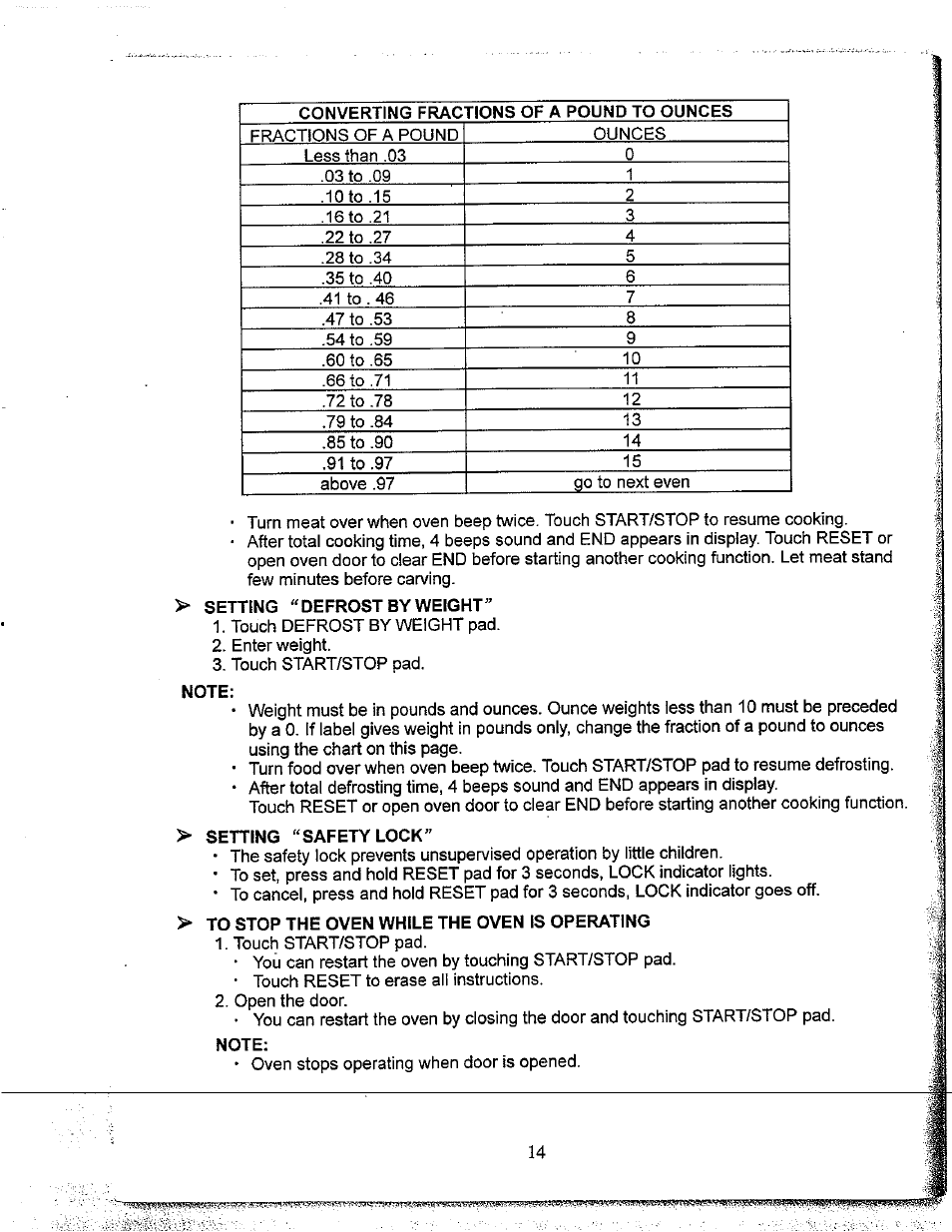 Setting "defrost by weight, Note, Setting "safety lock | To stop the oven while the oven is operating | Avanti NOT FOUN MO649TW User Manual | Page 15 / 21