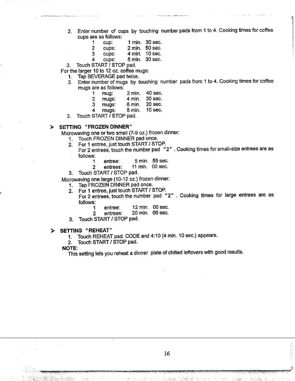 Setting “frozen dinner, Setting “reheat, Note | Avanti NOT FOUN MO649TW User Manual | Page 17 / 21