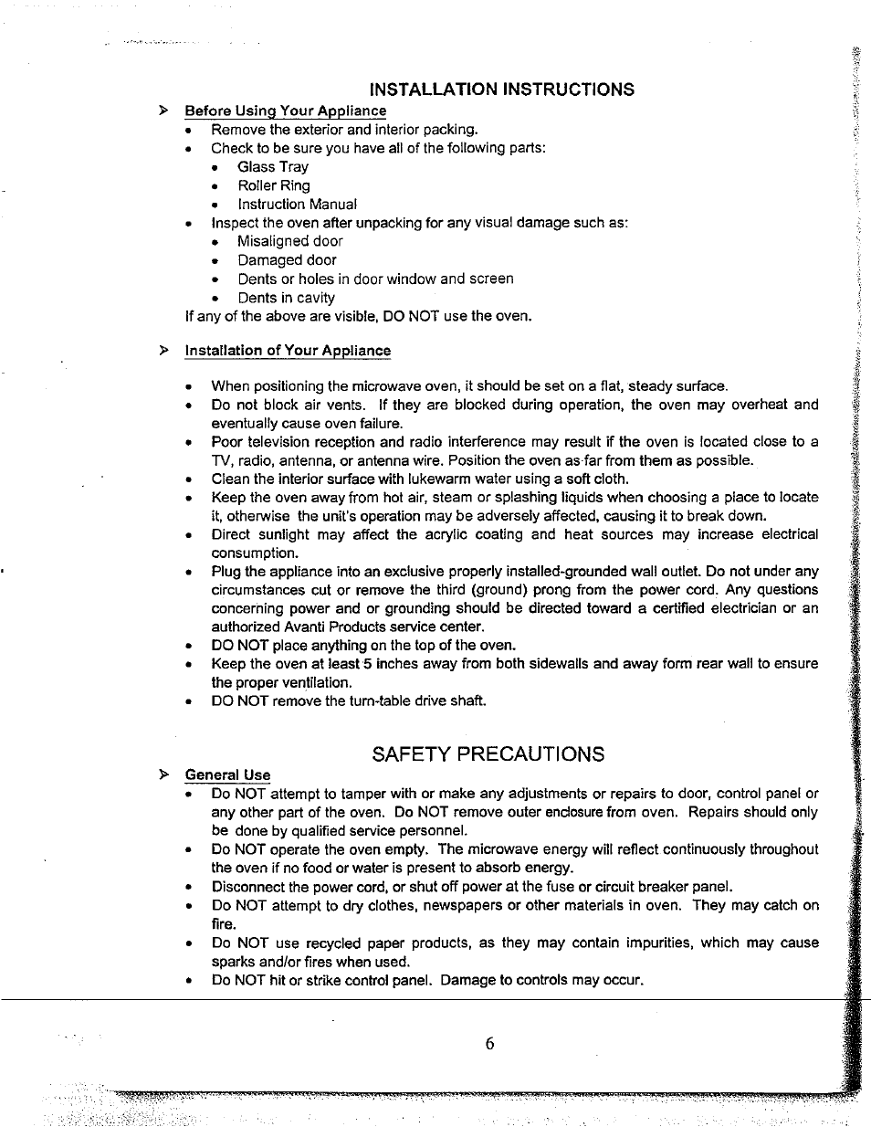Installation instructions, Safety precautions | Avanti NOT FOUN MO649TW User Manual | Page 7 / 21