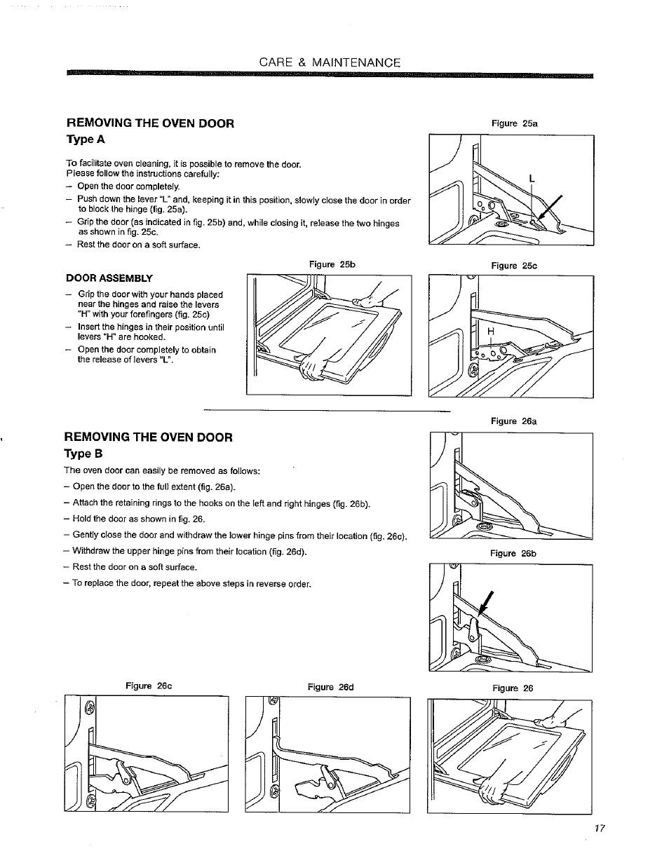 Removing the oven door type a, Door assembly, Removing the oven door type b | Care & maintenance | Avanti DG241BS User Manual | Page 17 / 20