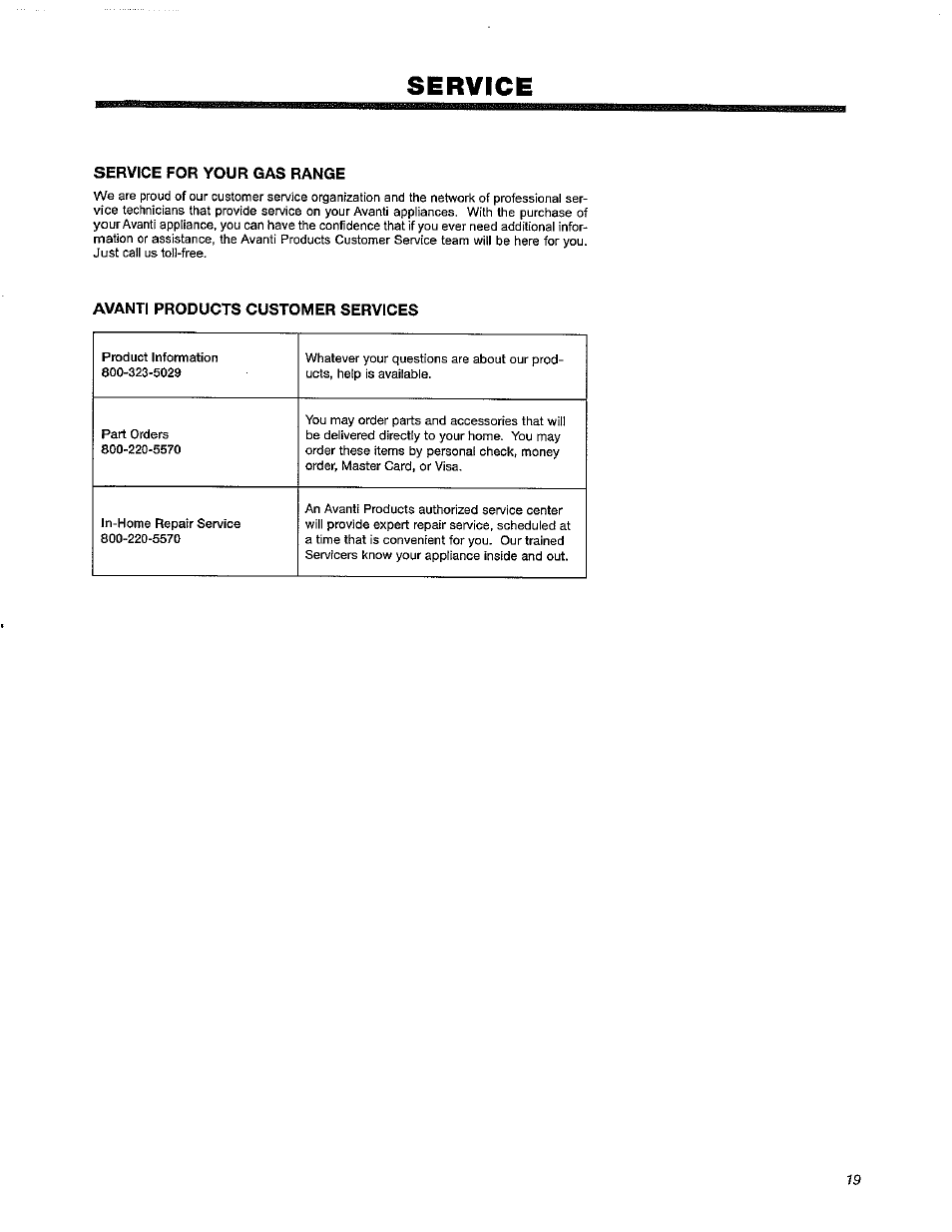 Service | Avanti DG241BS User Manual | Page 19 / 20