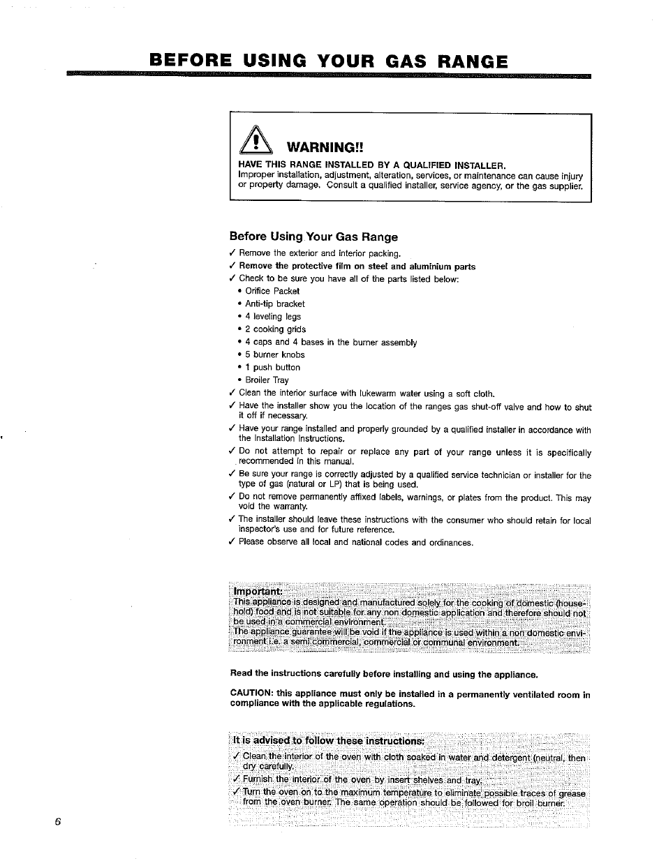Before using your gas range, Warning | Avanti DG241BS User Manual | Page 6 / 20
