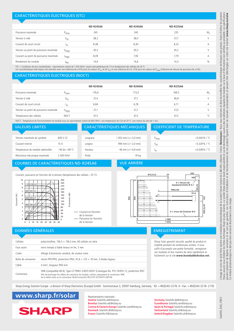 Nd-r245a6, Données générales courbes de caractéristiques, Vue arrière | Sharp ND-R245A6 User Manual | Page 8 / 8