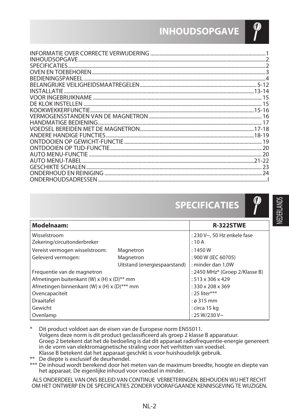 Specificaties inhoudsopgave, Nederlands, Nl-2 | Sharp R-322STWE Four à micro-ondes solo User Manual | Page 101 / 246