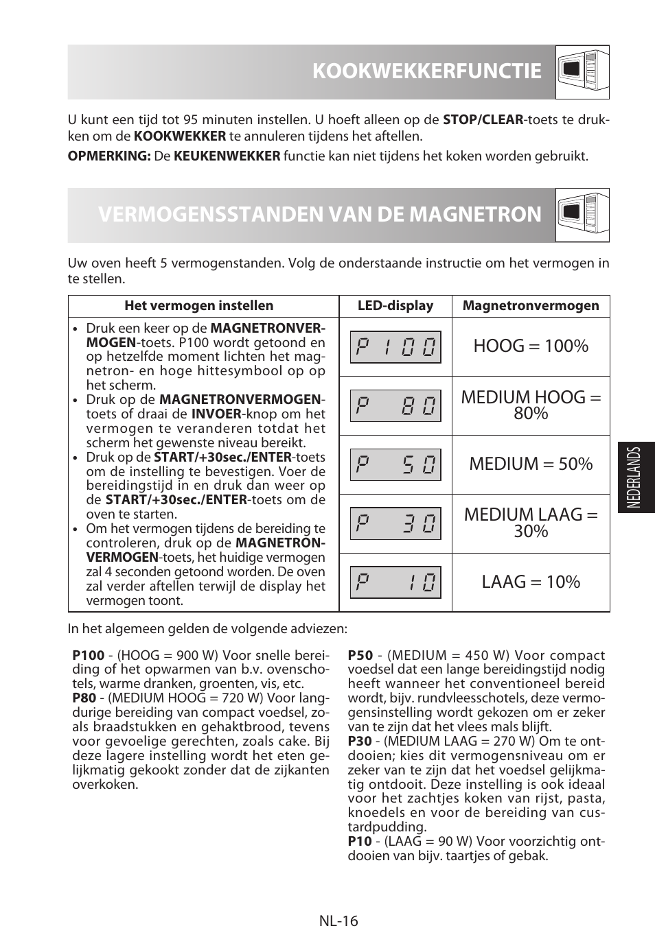 Vermogensstanden van de magnetron, Kookwekkerfunctie, Nederlands | Sharp R-322STWE Four à micro-ondes solo User Manual | Page 115 / 246