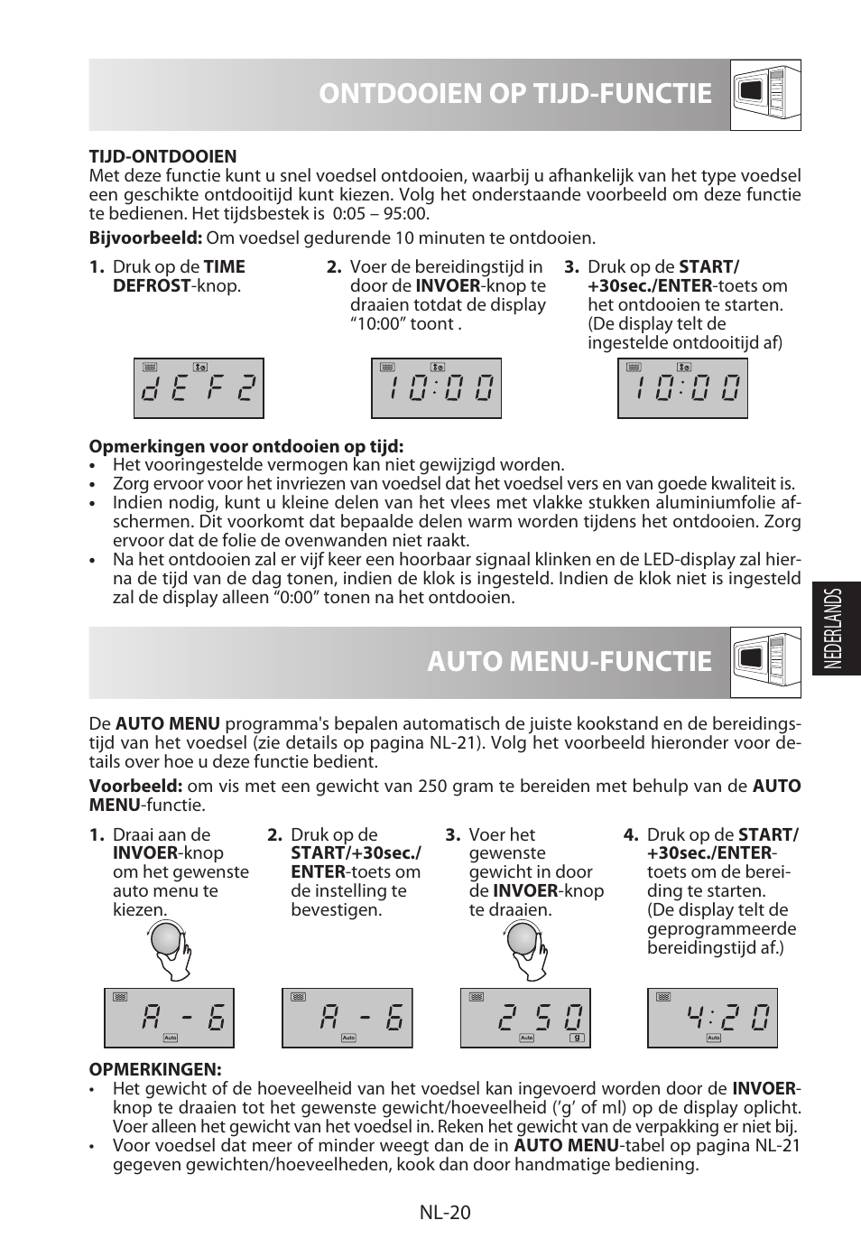 Ontdooien op tijd-functie, Auto menu-functie, Nederlands | Sharp R-322STWE Four à micro-ondes solo User Manual | Page 119 / 246