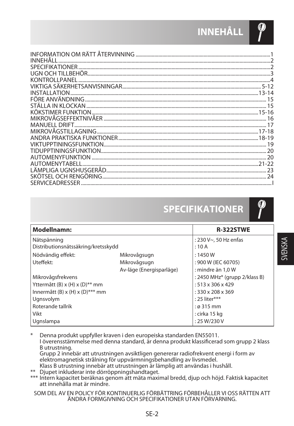 Specifikationer innehåll, Svensk a, Se-2 | Sharp R-322STWE Four à micro-ondes solo User Manual | Page 125 / 246