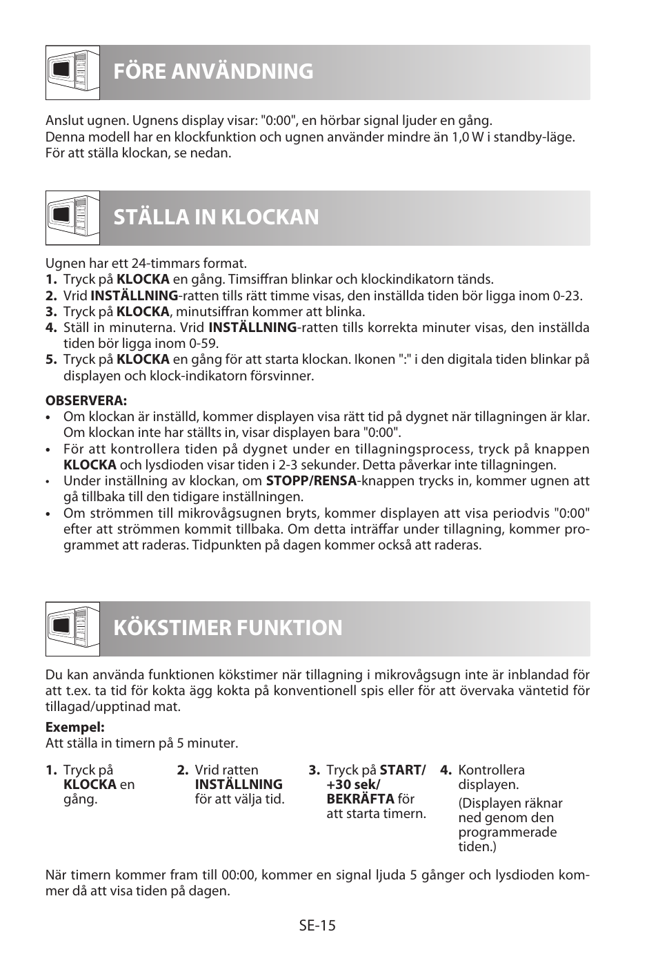 Före användning ställa in klockan, Kökstimer funktion | Sharp R-322STWE Four à micro-ondes solo User Manual | Page 138 / 246