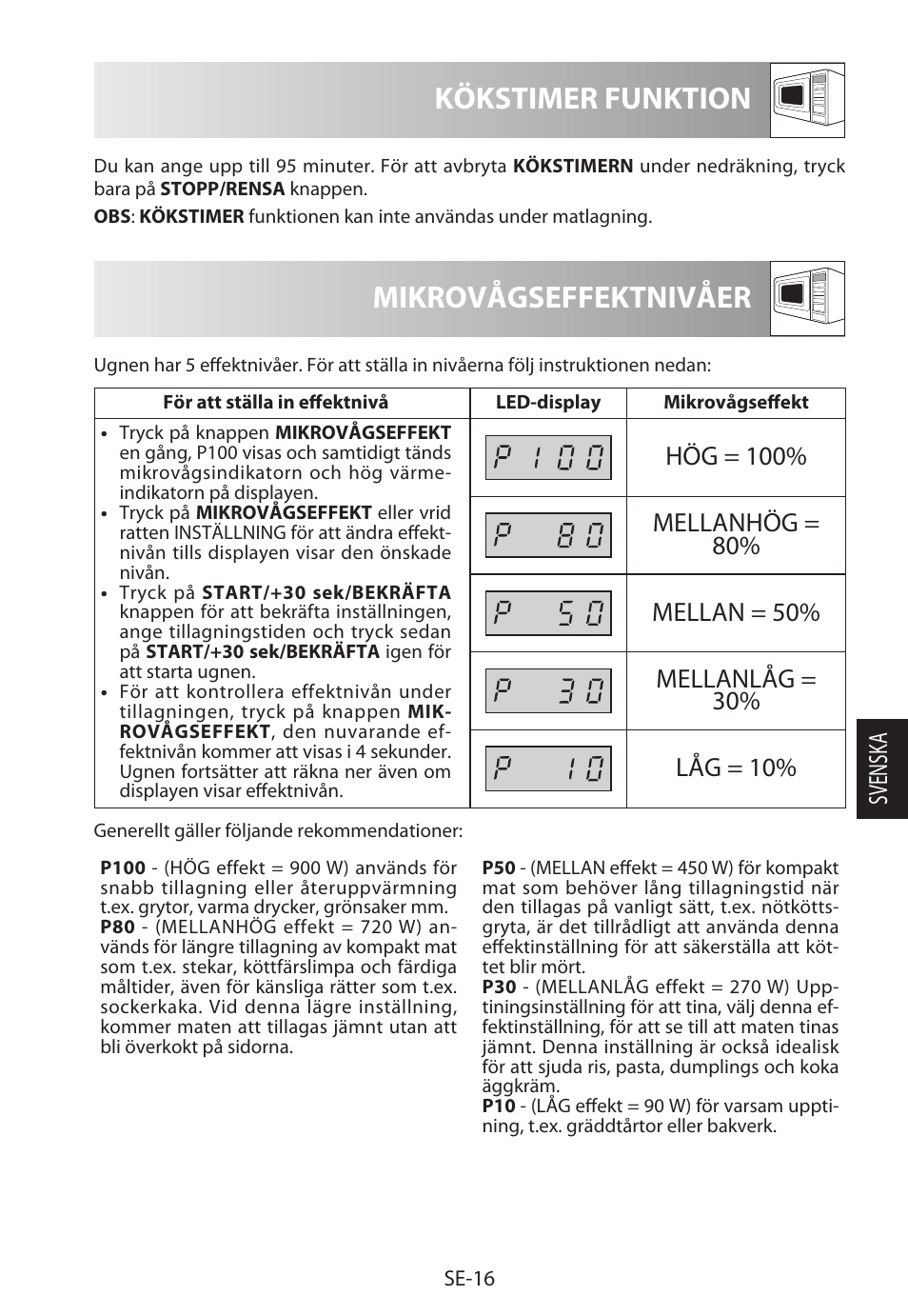 Mikrovågseffektnivåer, Kökstimer funktion, Svensk a | Sharp R-322STWE Four à micro-ondes solo User Manual | Page 139 / 246