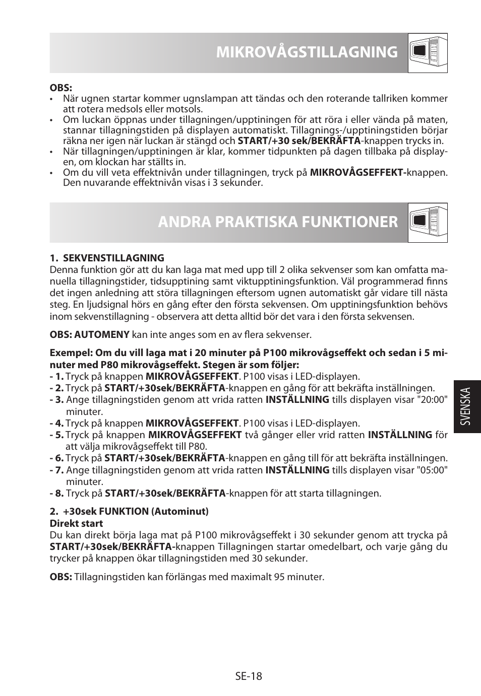 Mikrovågstillagning, Andra praktiska funktioner, Svensk a | Sharp R-322STWE Four à micro-ondes solo User Manual | Page 141 / 246