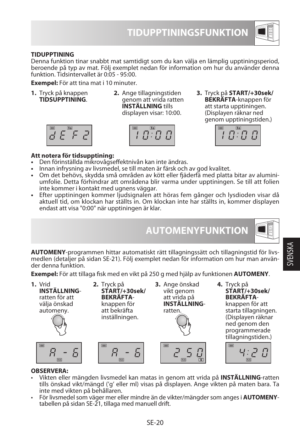 Tidupptiningsfunktion, Automenyfunktion, Svensk a | Sharp R-322STWE Four à micro-ondes solo User Manual | Page 143 / 246