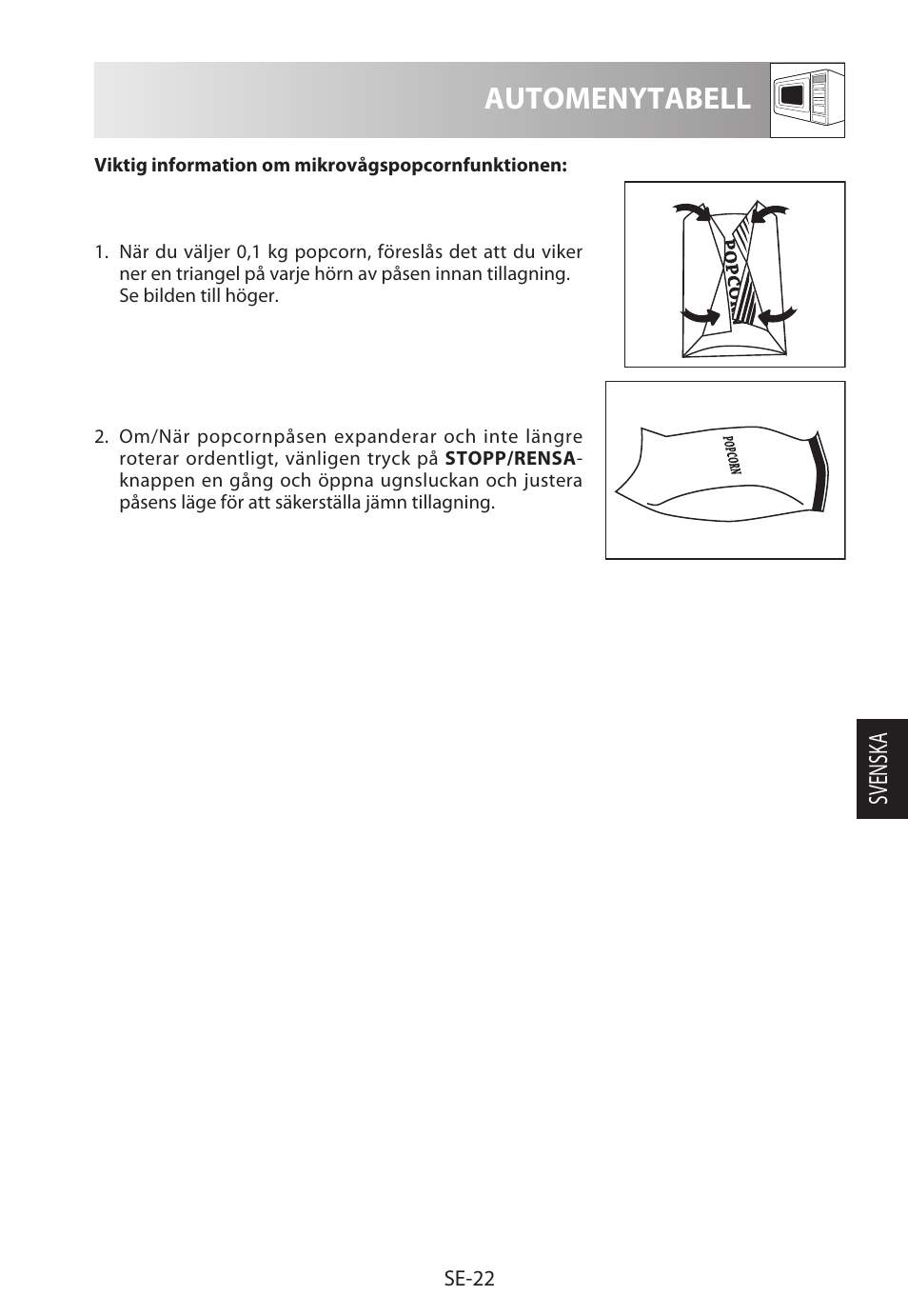 Automenytabell, Svensk a | Sharp R-322STWE Four à micro-ondes solo User Manual | Page 145 / 246