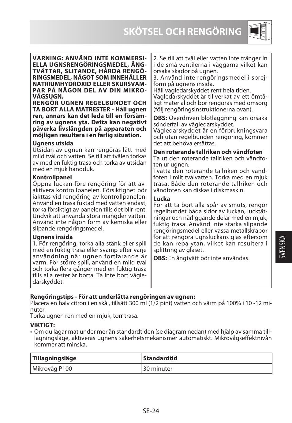 Skötsel och rengöring, Svensk a | Sharp R-322STWE Four à micro-ondes solo User Manual | Page 147 / 246