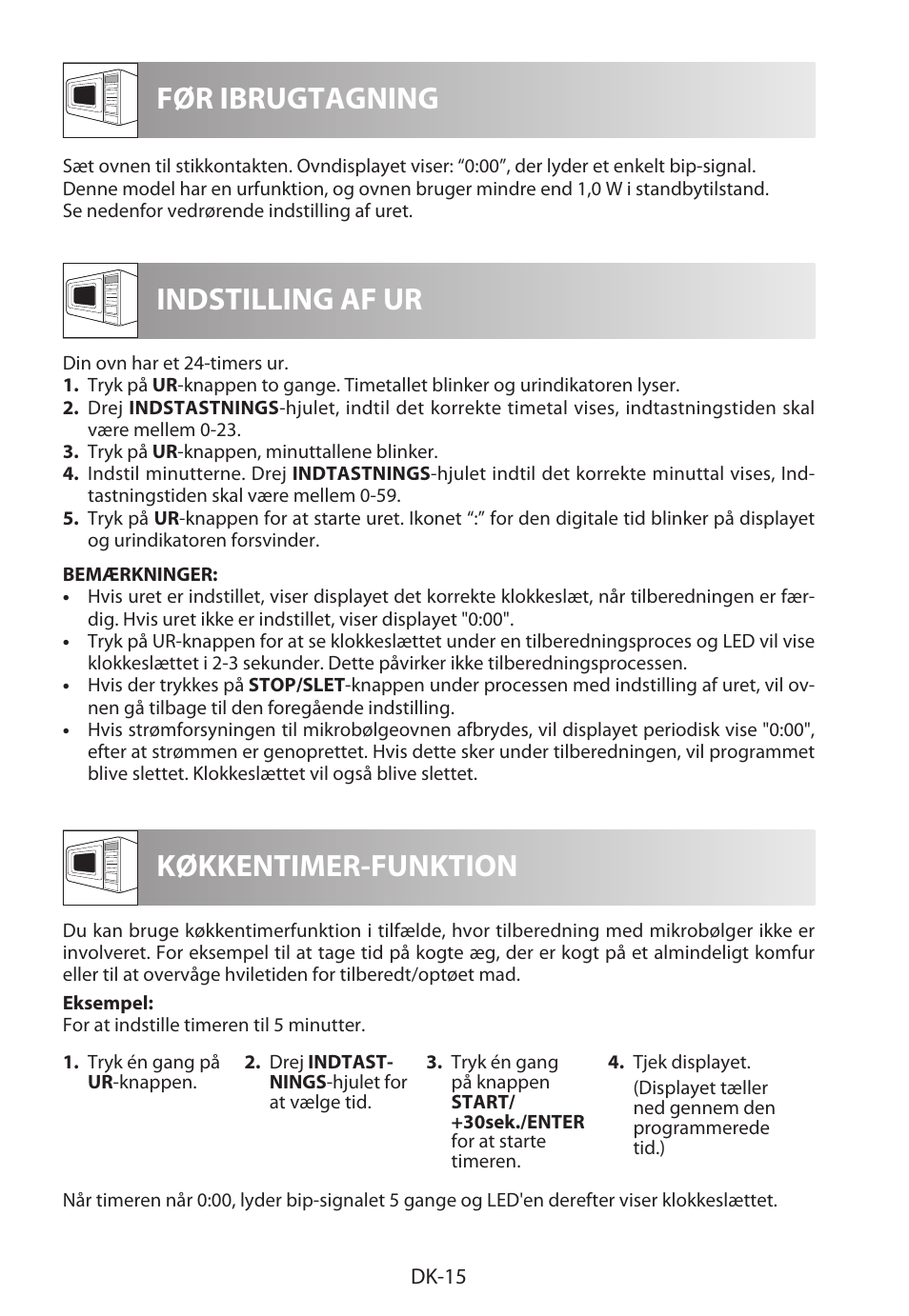 Før ibrugtagning indstilling af ur, Køkkentimer-funktion | Sharp R-322STWE Four à micro-ondes solo User Manual | Page 162 / 246
