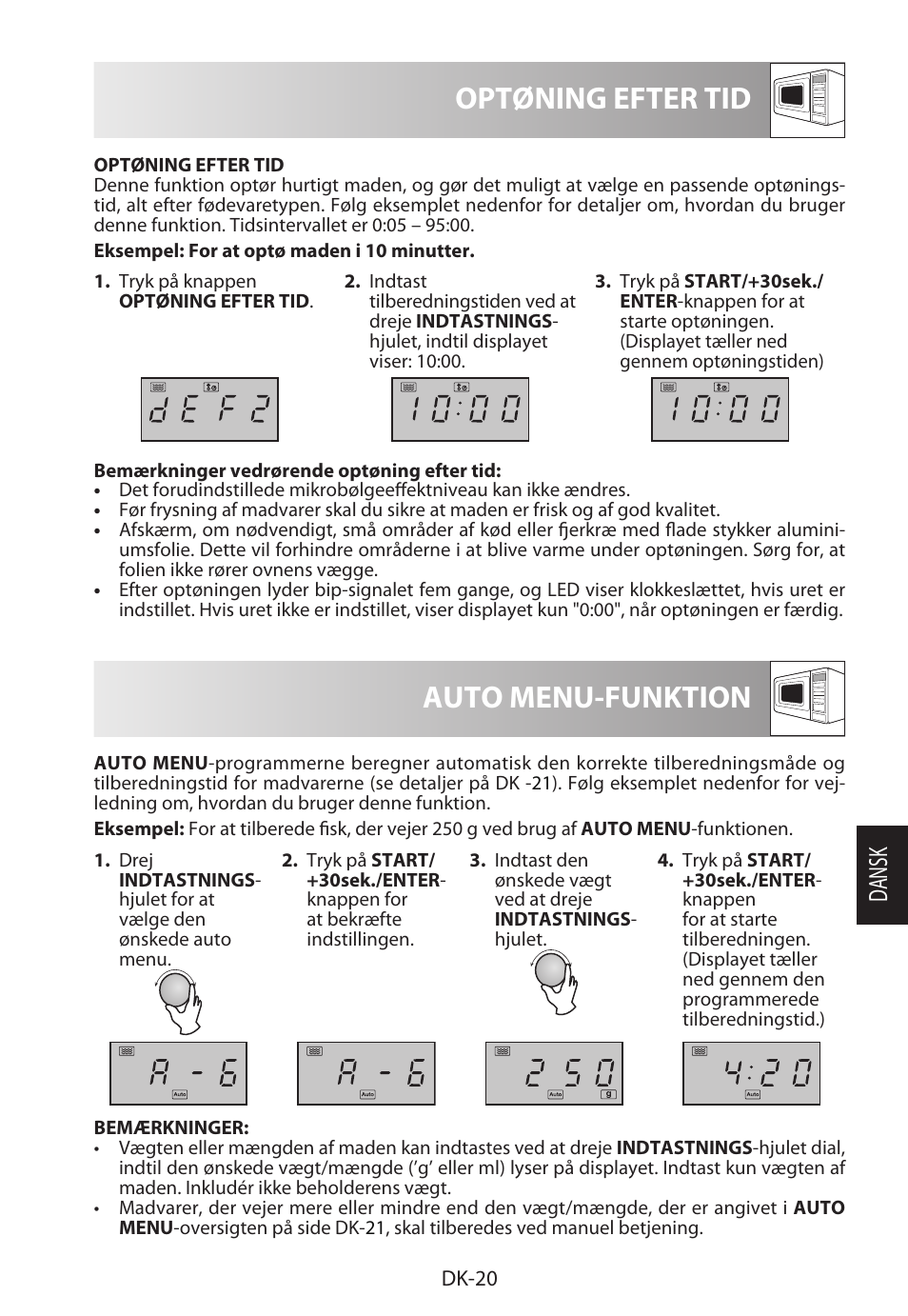 Optøning efter tid, Auto menu-funktion, Da ns k | Sharp R-322STWE Four à micro-ondes solo User Manual | Page 167 / 246