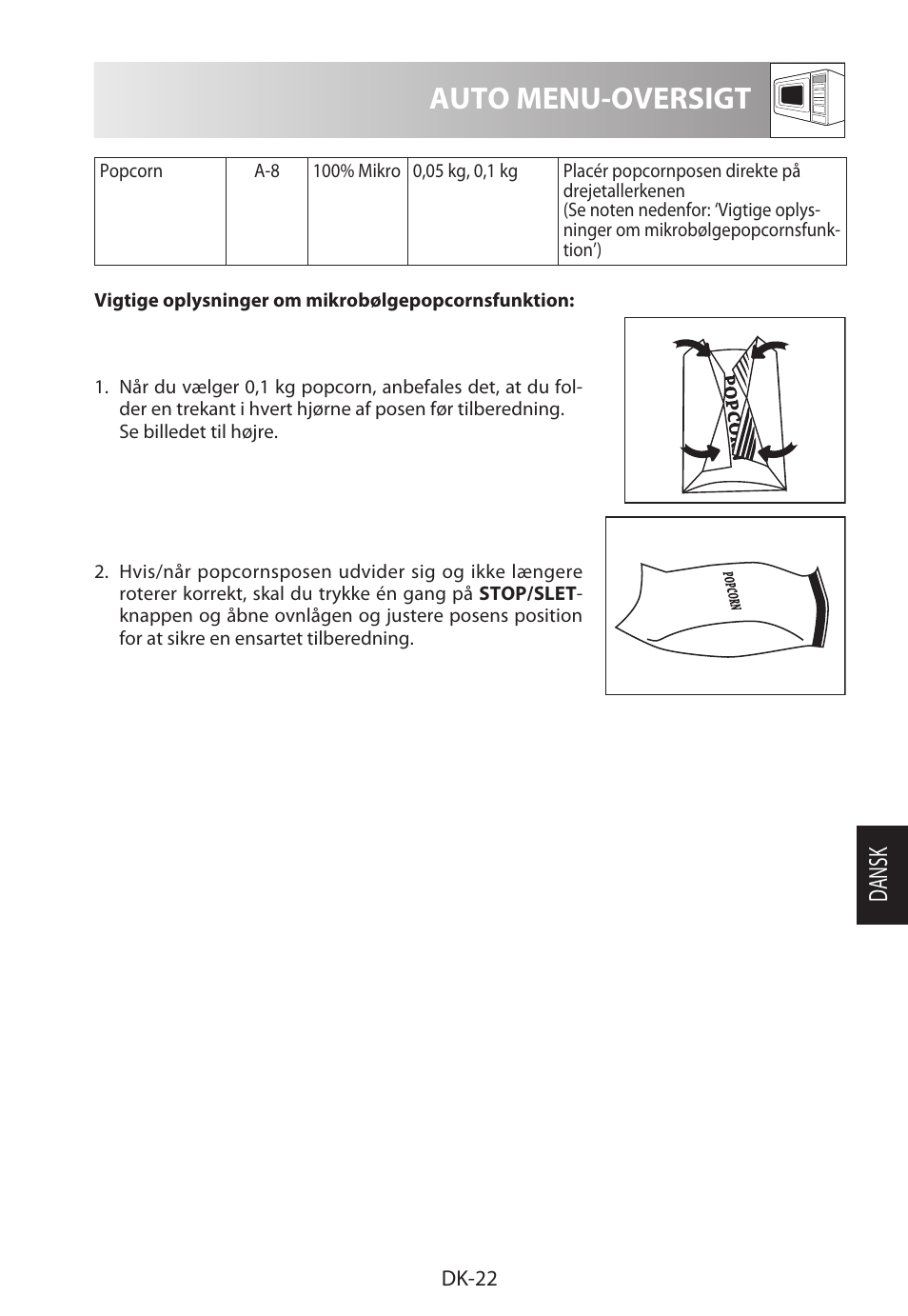 Auto menu-oversigt, Da ns k | Sharp R-322STWE Four à micro-ondes solo User Manual | Page 169 / 246