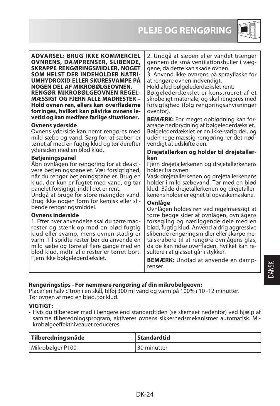 Pleje og rengøring, Da ns k | Sharp R-322STWE Four à micro-ondes solo User Manual | Page 171 / 246