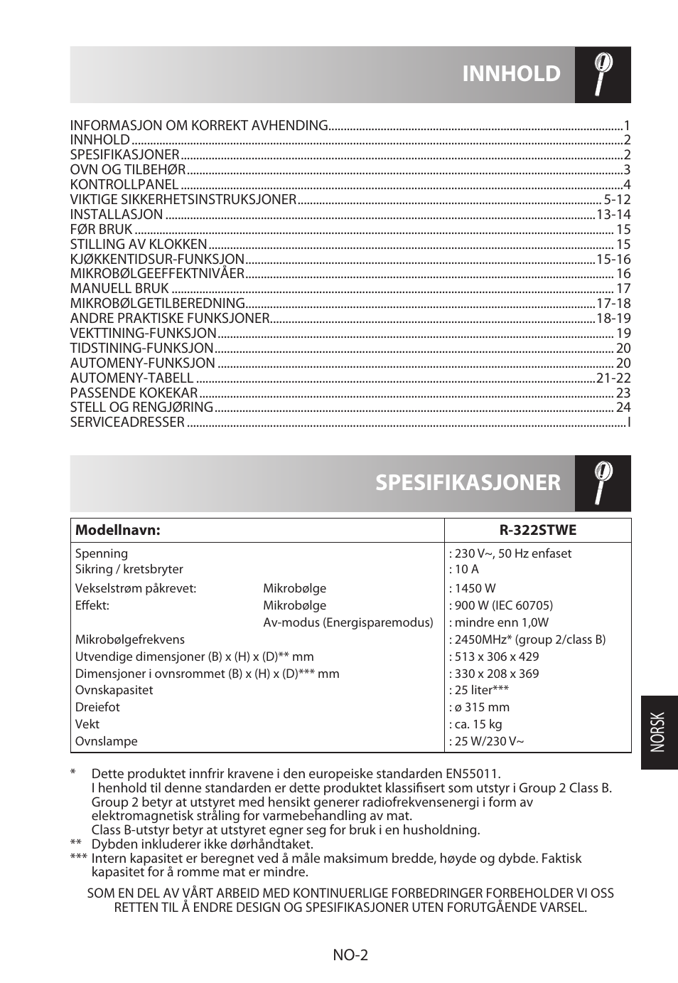 Spesifikasjoner innhold, Norsk, No-2 | Sharp R-322STWE Four à micro-ondes solo User Manual | Page 173 / 246