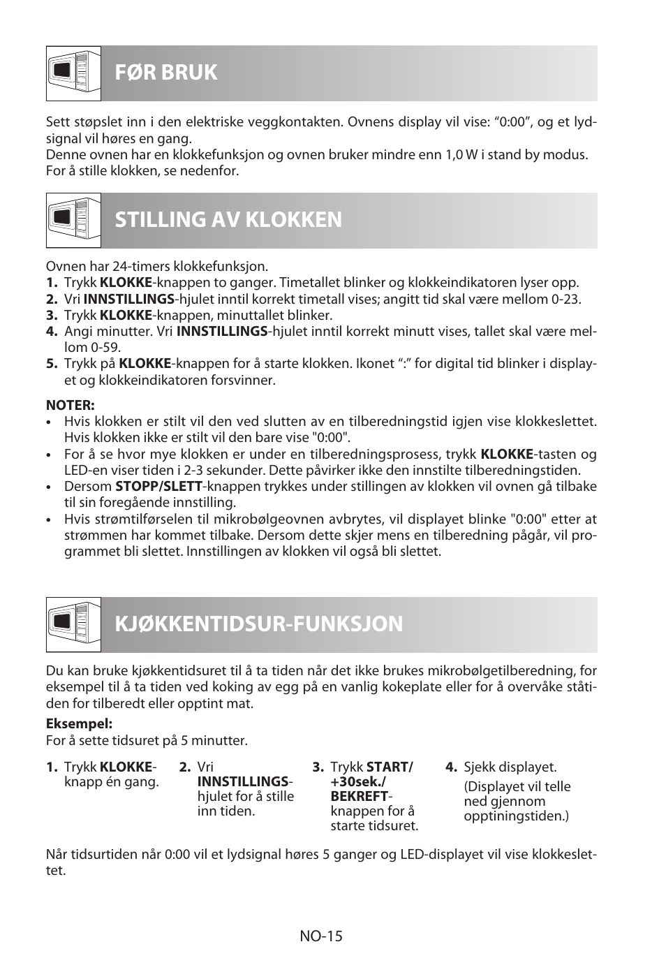 Før bruk stilling av klokken, Kjøkkentidsur-funksjon | Sharp R-322STWE Four à micro-ondes solo User Manual | Page 186 / 246
