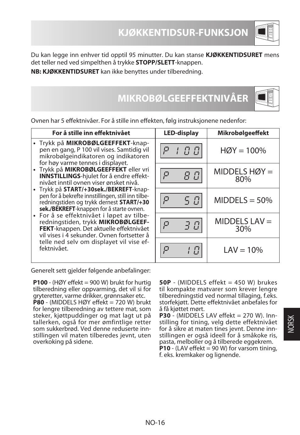 Mikrobølgeeffektnivåer, Kjøkkentidsur-funksjon, Norsk | Sharp R-322STWE Four à micro-ondes solo User Manual | Page 187 / 246